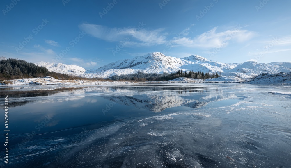 Obraz premium Snowy Mountain Landscape with Frozen Lake Under Clear Blue Sky in Winter