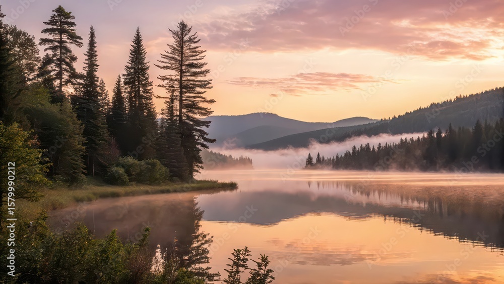 Fototapeta premium A serene lake reflecting the soft light of dawn surrounded by evergreen trees and distant mountains