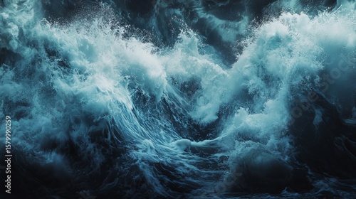 Dramatic stormy ocean waves crashing and churning in a dark sky.