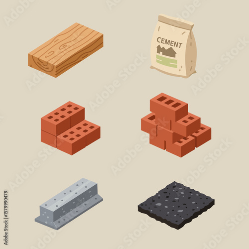 Isometric illustration showcases a collection of construction materials, including wood planks, cement bags, bricks, and asphalt, set against a neutral background for versatile use.