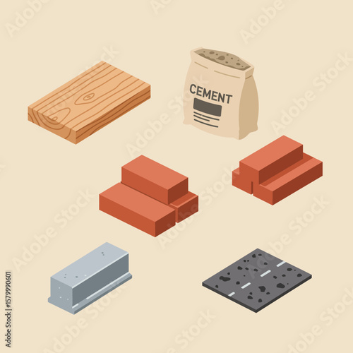 A collection of common construction materials, such as wood planks, cement bags, red bricks, and concrete blocks, are depicted in a modern isometric style.