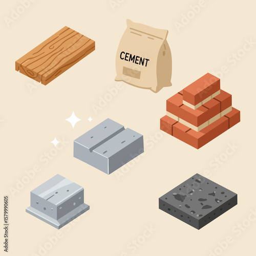 Collection of isometric building materials including wood, cement bag, bricks, and concrete blocks on a neutral background.