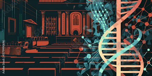 DNA Evidence in Legal System Concept Illustration | Genetic Data and Courtroom Ethics Visualization | Science and Law Integration in Modern Justice

