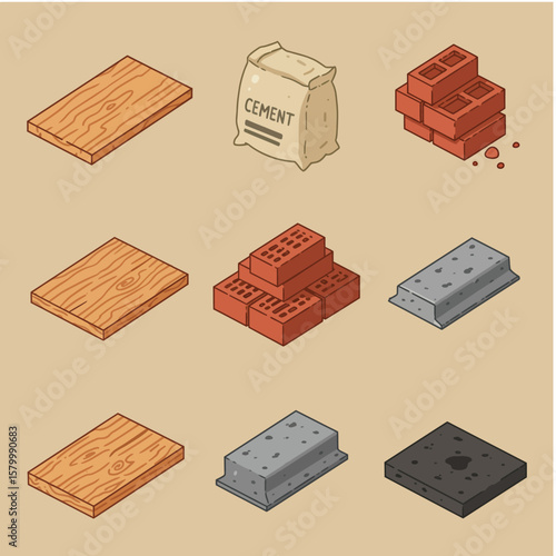 Isometric illustration showcasing construction materials, including wood planks, cement bags, bricks, and concrete blocks, perfect for design and architectural projects.