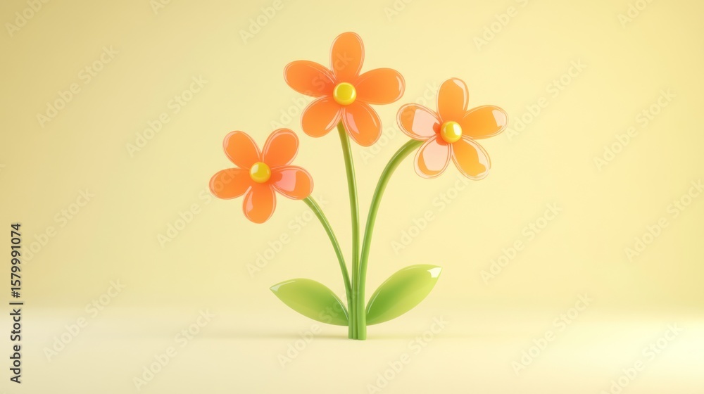 Naklejka premium Three cartoon flowers on a pale yellow background