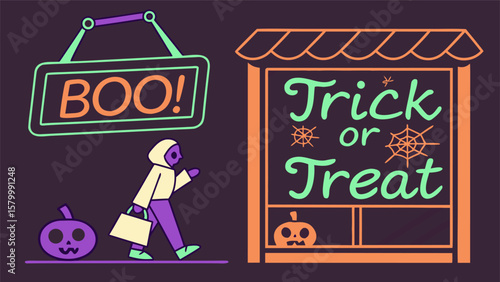 Illustration of a person trick or treating with a boo sign and a trick or treat sign on a dark background