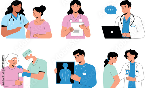 A collection of illustrations depicting doctors and nurses interacting with patients in various scenarios
