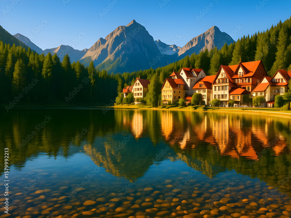Fototapeta premium Lakeside Mountain Village