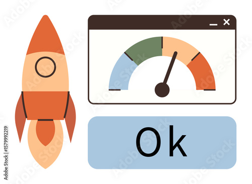 Rocket, performance gauge with needle in moderate zone, and Ok text. Ideal for startup growth, success, speed, productivity, performance, evaluation progress indication simple flat metaphor