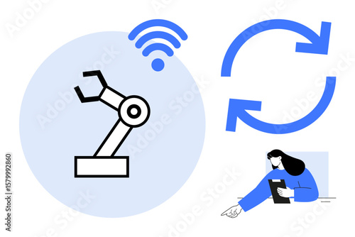 Robotic arm with wireless connectivity, synchronization arrows, and a user operating a tablet. Ideal for automation, technology, IoT, robotics, innovation industry 4.0 and simple landing page