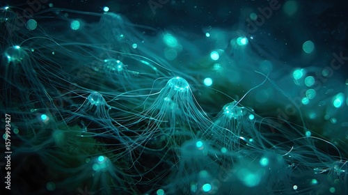 Glowing jellyfish gracefully drift through dark, mysterious, underwater environment, illuminated by ethereal light.