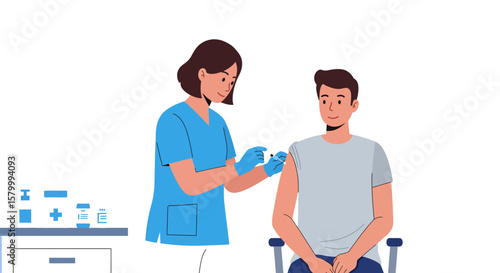 Flat vector of a nurse giving a vaccine injection to a male patient in a clinic