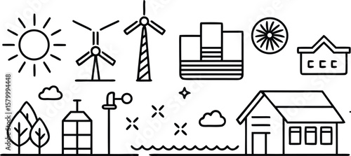 Minimalist Eco-Friendly Cityscape Vector Illustration Featuring Wind Turbines, Greenhouse, Solar Energy, and Sustainable Buildings in Clean Black and White Line Art Style