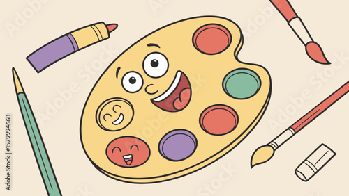 Cartoon drawing of a yellow paint palette with a smiling face and colorful paints with art supplies around it