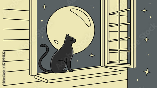 A black cat sitting on a window sill looking at a full moon and stars in the night sky outside home