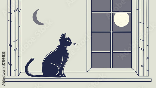 Silhouette of a cat sitting on a window sill looking at the moon through a window at night outside 100