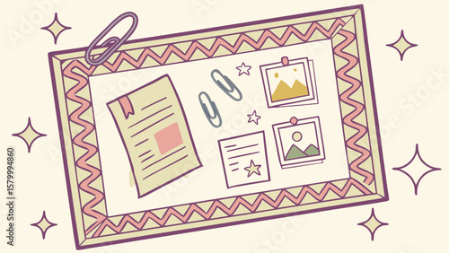 Illustration of a decorated bulletin board with paper, photos, and clips with star accents around it