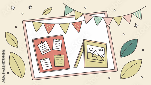 Illustration of a desk with a bulletin board, picture frame, bunting, leaves, and star decorations