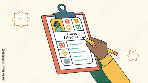 Illustration of a hand holding a pencil writing on a class schedule on a clipboard with icons and stars