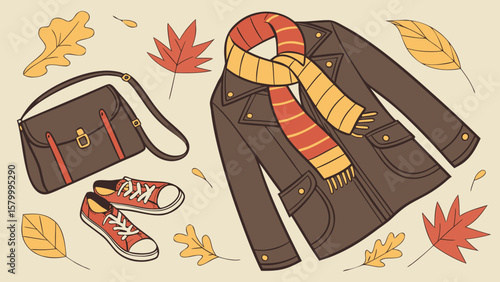 Illustration of a brown jacket with a striped scarf, a bag, sneakers, and autumn leaves scattered around