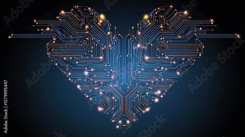 A circuit board design shaped like a heart, highlighting the intricate network of connections and glowing components.