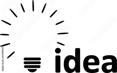 Illustration of a crumpled paper ball lightbulb with rays and the word idea in black text