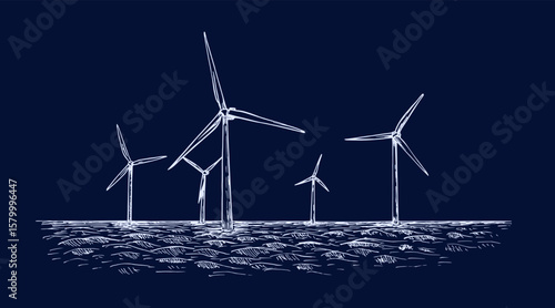 Wind farm with wind turbines, windmill farm electricity generation - outline seascape drawing. Green technology, ecology, clean energy concept. Hand drawn vector sketch illustration, isolated