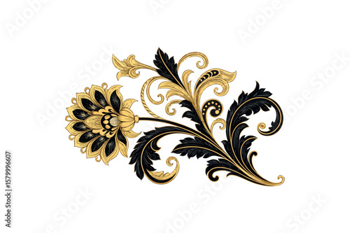 Elegant black and gold baroque floral ornament vector on white background.01