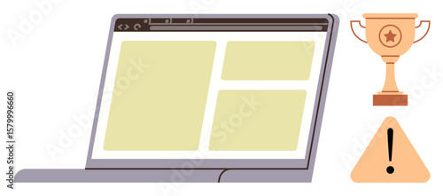 Open laptop displaying yellow grid layout, golden trophy, and warning sign. Ideal for success, caution, learning, decision-making, productivity performance evaluation safety awareness. Simple flat