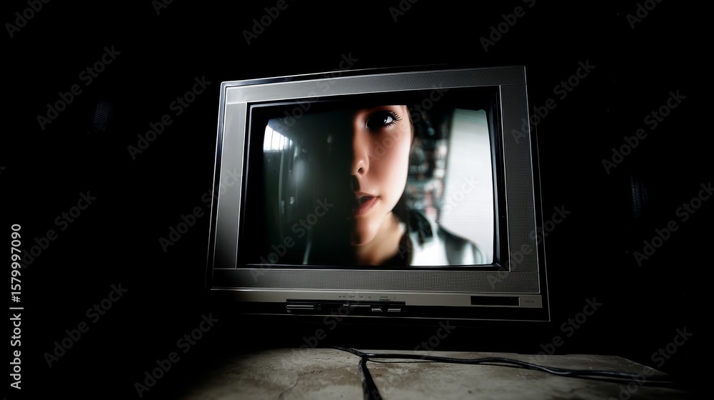 Fototapeta premium Closeup of a woman's face illuminated by retro monitor glow highlighting mystery, nostalgia, contrast, vintage technology, introspection, dark environment, focus, emotion, solitude, reflections, indi