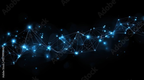 Abstract network of interconnected blue nodes and lines against a dark background, representing data, connection, and technology.