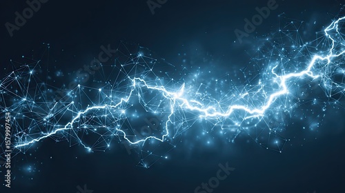 Abstract digital lightning bolt, glowing energy, network connections, dark background.