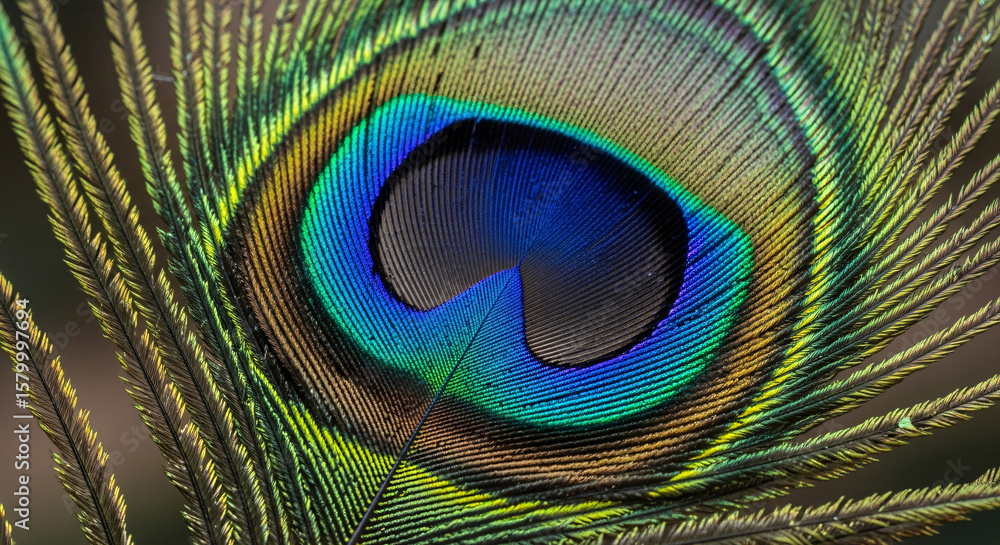 Naklejka premium Vivid Peacock Feather Closeup Iridescent Eyespot Detail.