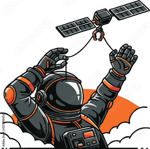 Astronaut skillfully maneuvers a satellite in space, amidst clouds and a setting sun.