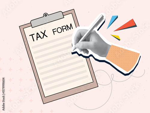 A black and white hand writes in a Tax form document on a clip note. Modern photo collage style. Vector illustration