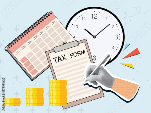 A black and white hand writes in a Tax form document on a clip note with a coins, calendar and clock on background. Modern photo collage style. Vector illustration