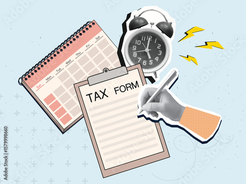 A black and white hand writes in a Tax form document on a clip note with a calendar and alarm clock on background. Modern photo collage style. Vector illustration