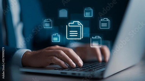 Generative AI artificial intelligence generate document and business files Intelligent automation IA system and technology Businessman typing on laptop computer keyboard Check mark