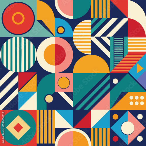 Trendy vector abstract geometric background with circles in Scandinavian retro style, seamless cover. Graphic pattern of simple shapes in gray tones, abstract white mosaic.