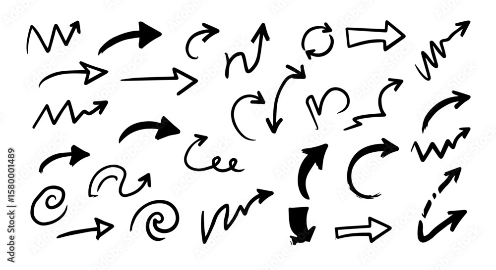 Obraz premium Hand drawn black arrow collection points in various directions on a white background with different styles and shapes.