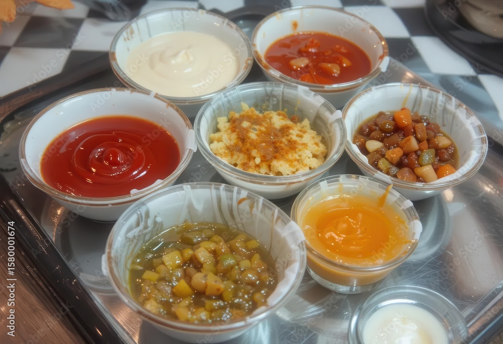 Assorted Sauces and Dips in Plastic Containers on Serving Tray Assorted Sauces and Dips in Plastic Containers on Serving Tray