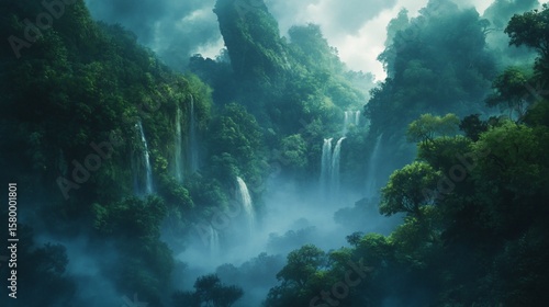 Wallpaper Mural Mystical Waterfalls Flowing Through Lush Green Mountains in a Fantasy Landscape Torontodigital.ca