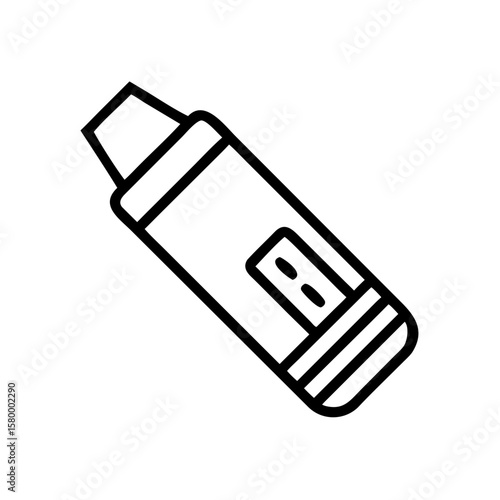 Illustration of a black and white crayon with a rectangular label and striped bottom in simple line art