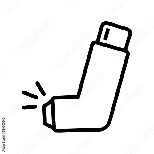 Simple line drawing of an asthma inhaler with spray emitting from the nozzle on a white background