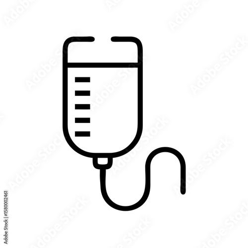 Illustration of an intravenous drip bag with fluid level markers and a connected tube in black outline