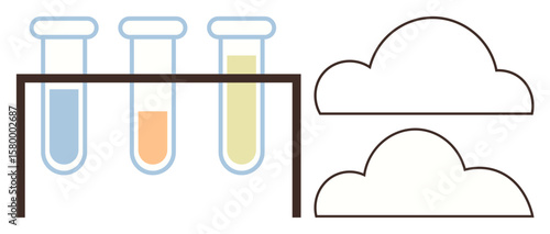 Three test tubes with colorful liquid in a rack alongside two cloud outlines. Ideal for themes thumbs up science, environment, sustainability, research, climate, innovation, abstract thinking. Simple