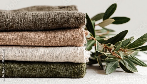 Stacked linen fabrics in earthy tones, with olive branch