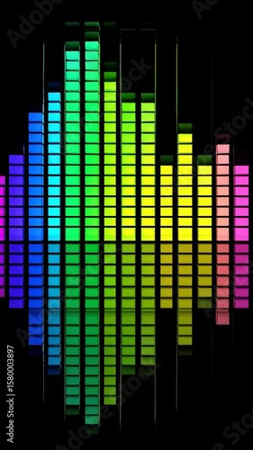 Colorful soundwave equalizer bars with vibrant blue green yellow pink reflection on black background creating dynamic music audio visualization energy