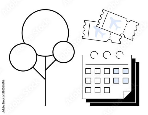 Airplane tickets, a calendar, and a tree icon evoke concepts thumbs up travel, vacation planning, environmental awareness, and time management. Ideal for tourism, holidays, scheduling eco-travel