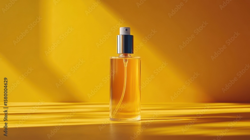 Naklejka premium Amber perfume bottle against a bright yellow backdrop.